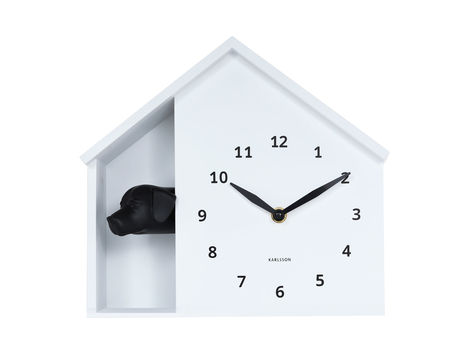 Horloge murale design maison, boîtier blanc avec aiguilles noires et découpe tête de chien
