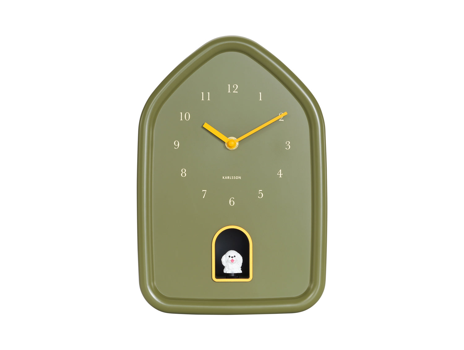 Horloge murale vert olive avec aiguilles jaunes et motif de chien dans le cadre de porte