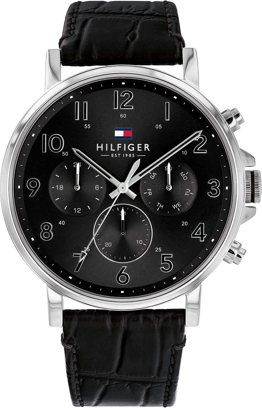 Montre homme : cadran noir, lunette argentée, bracelet en cuir noir