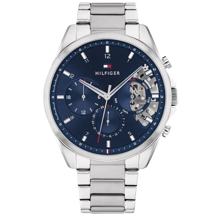 Herren-Chronograph mit blauem Zifferblatt, silbernem Metallband und Open-Heart-Ansicht
