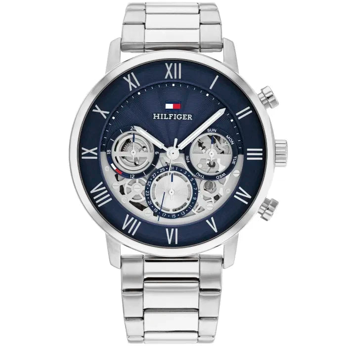 Tommy Hilfiger Herrenarmbanduhr mit blauem Zifferblatt, römischen Ziffern und Edelstahlband