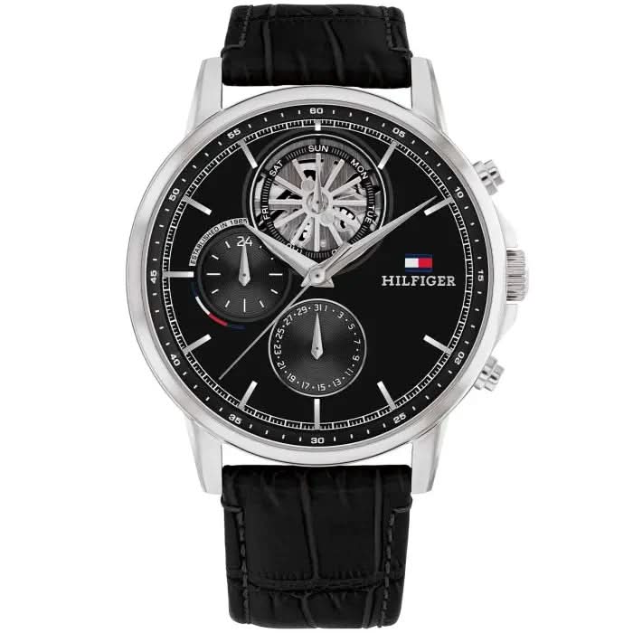 Tommy Hilfiger Herrenarmbanduhr mit schwarzem Skelett-Zifferblatt, silbernem Gehäuse, Lederband