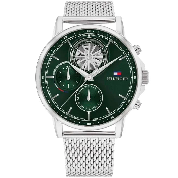 Tommy Hilfiger Herrenuhr mit grünem Zifferblatt, silbernem Gehäuse und Metall-Mesh-Armband