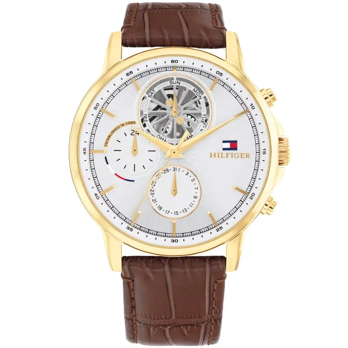 Tommy Hilfiger Herren-Armbanduhr: goldfarbenes Gehäuse, weißes Zifferblatt, braunes Lederband