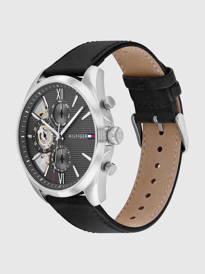 Herrenarmbanduhr von Tommy Hilfiger mit schwarzem Lederarmband und dunklem Zifferblatt mit Zusatzanzeigen
