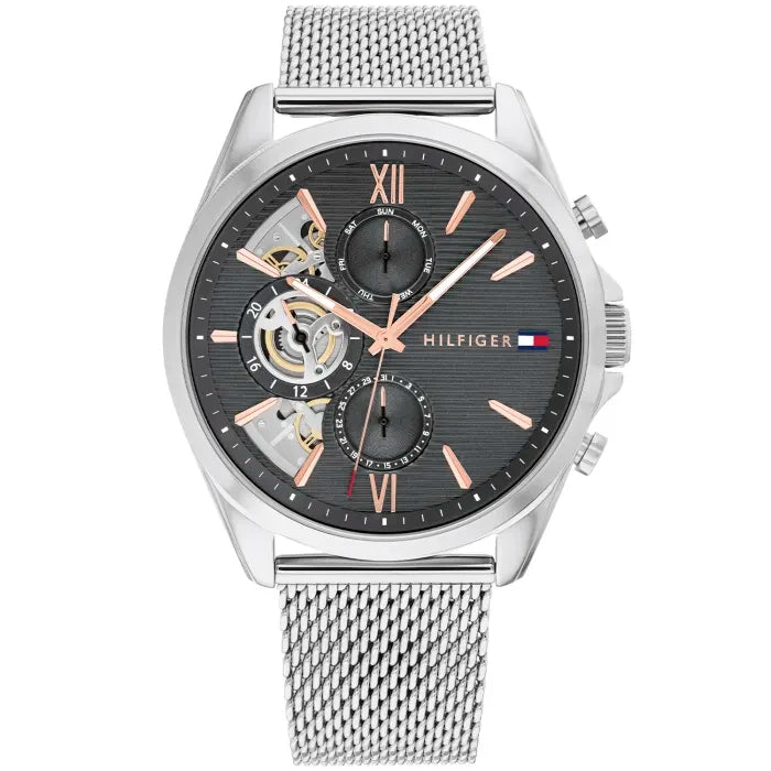 Tommy Hilfiger Herrenarmbanduhr mit Quarzwerk, silberfarbenem Meshband, dunkelgrauem Zifferblatt