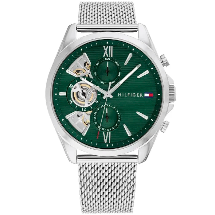 Analoguhr mit grünem Chronographen-Zifferblatt, silbernem Metallarmband