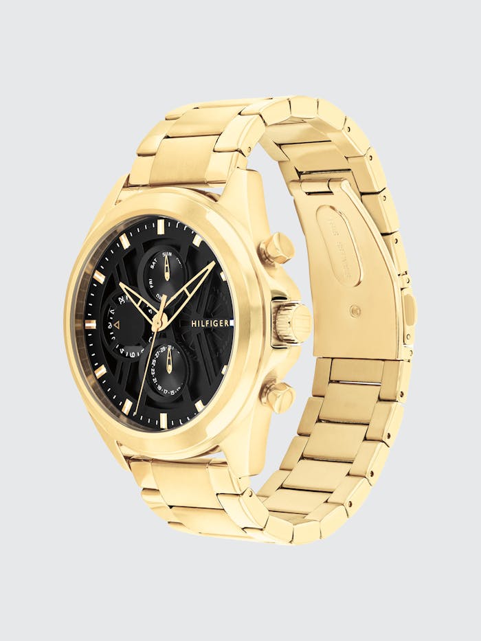 Herren-Armbanduhr mit goldenem Metallarmband und schwarzem Chronograph-Zifferblatt