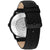 Herrenarmbanduhr mit schwarzem Gehäuse und schwarzem Lederarmband, Rückseite mit Aufdruck