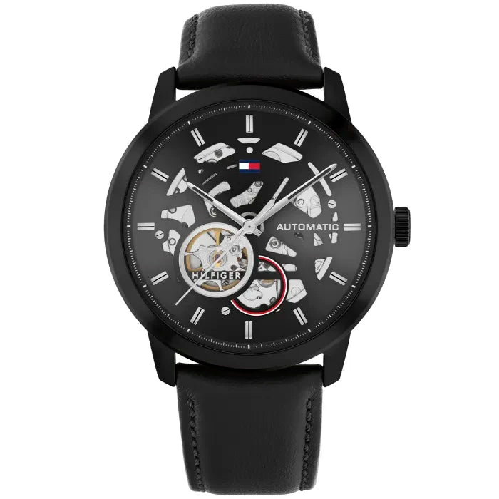 Tommy Hilfiger Herrenuhr Henry Automatic: schwarzes Lederband, Skelettzifferblatt