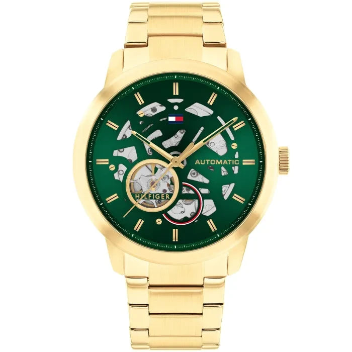 Tommy Hilfiger Herrenuhr mit grünem Skelett-Zifferblatt und goldfarbenem Metallarmband