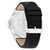 Herrenarmbanduhr mit schwarzem Lederarmband und silbernem Gehäuse, Schließe sichtbar