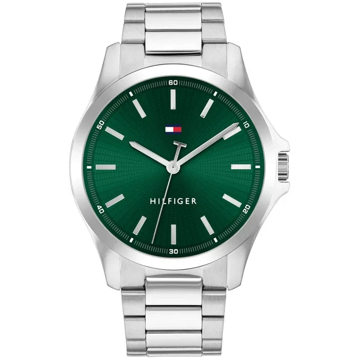 Tommy Hilfiger Herrenarmbanduhr mit grünem Zifferblatt und silbernem Metallarmband