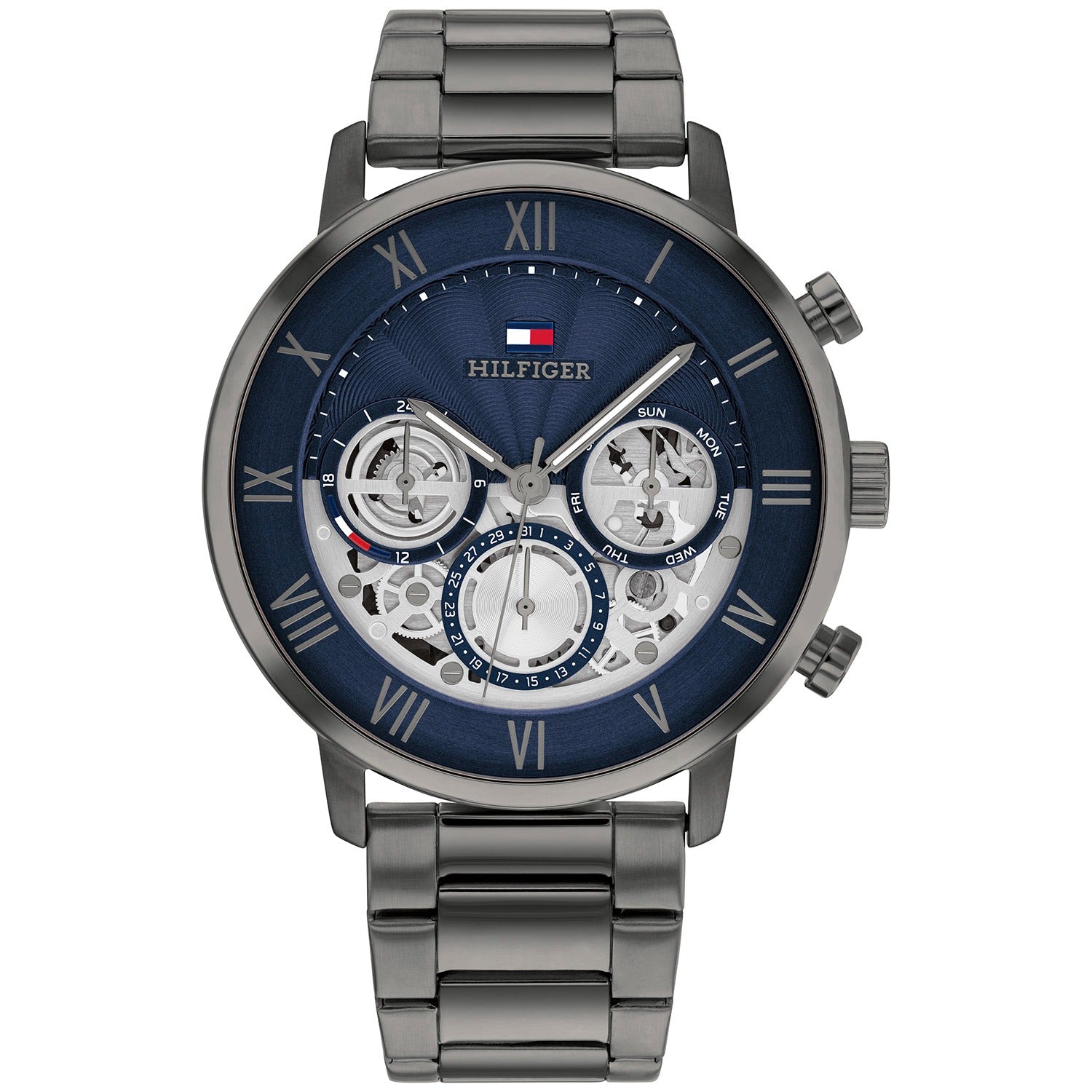 Tommy Hilfiger Herrenarmanduhr mit blauem Zifferblatt, silbernen Zählern und Edelstahlarmband
