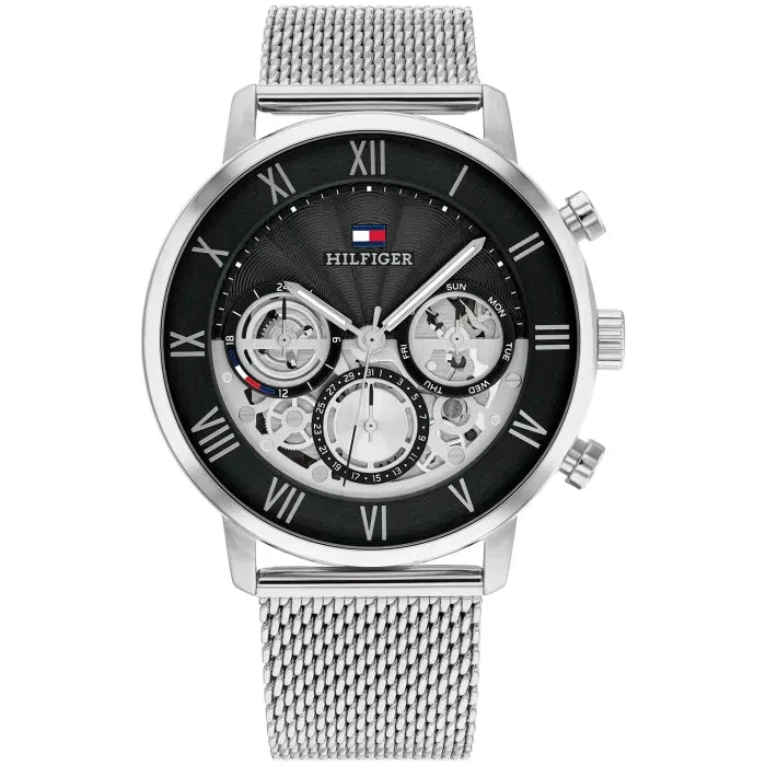 Herrenarmbanduhr Tommy Hilfiger Legend mit silbernem Edelstahl-Meshband und schwarzem Zifferblatt