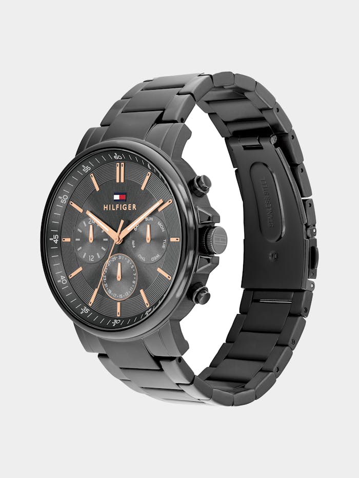 Tommy Hilfiger Herrenuhr mit dunkelgrauem Zifferblatt, grauem Stahlarmband und Zeigern