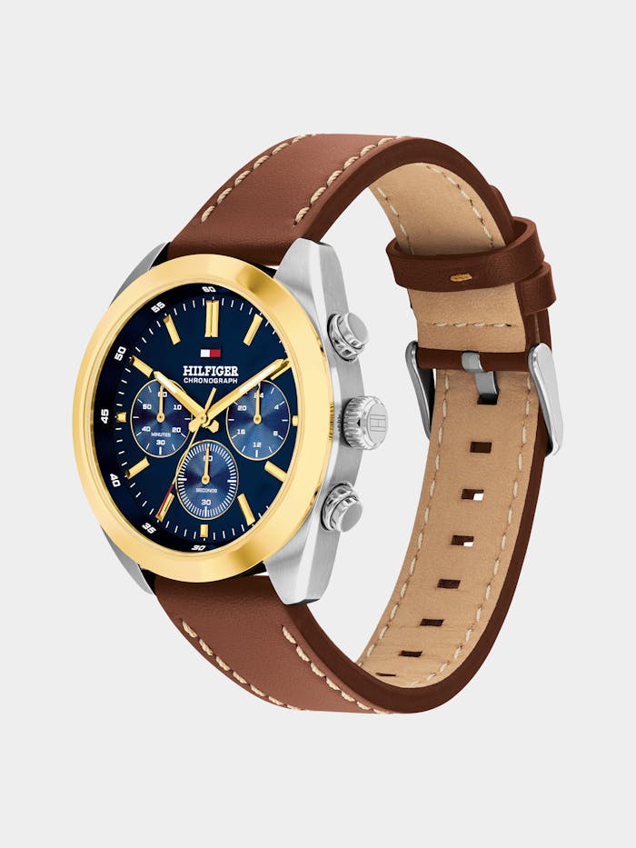 Herrenuhr mit blauem Zifferblatt, goldfarbener Lünette und braunem Lederarmband