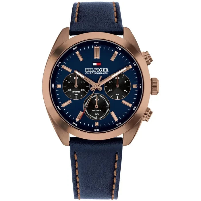 Tommy Hilfiger Herren-Analogquarzuhr: blaues Zifferblatt, Roségoldgehäuse, blaues Lederarmband