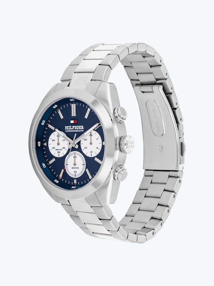 Herrenarmbanduhr Tommy Hilfiger Hudson, silberfarbenes Edelstahlarmband, blaues Zifferblatt