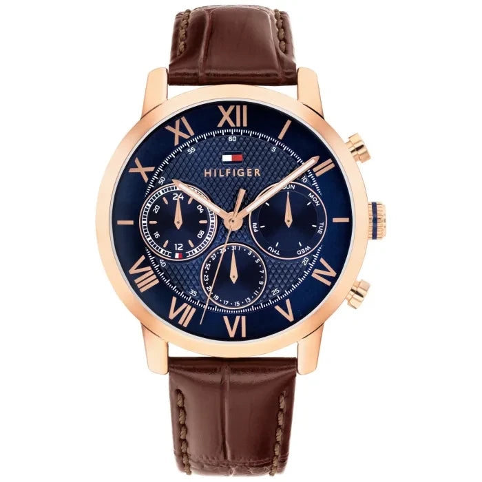Herren-Chronograph Uhr mit blauem Zifferblatt, Roségoldgehäuse und braunem Lederarmband
