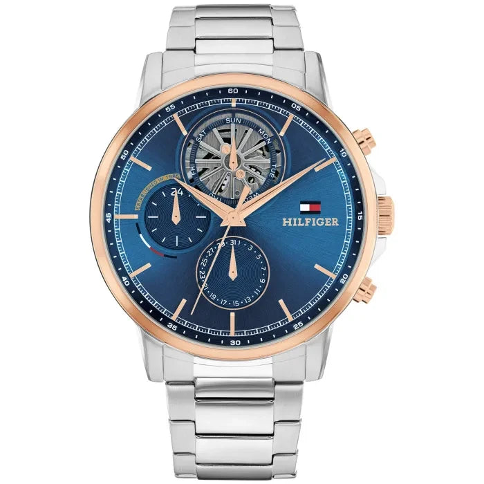 Herren-Chronograph Tommy Hilfiger mit blauem Zifferblatt, Roségold-Lünette und Metallarmband