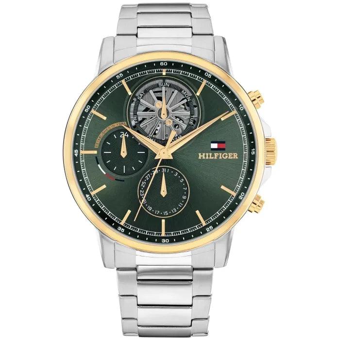 Tommy Hilfiger Chronographenarmbanduhr für Herren mit grünem Zifferblatt und Edelstahlband
