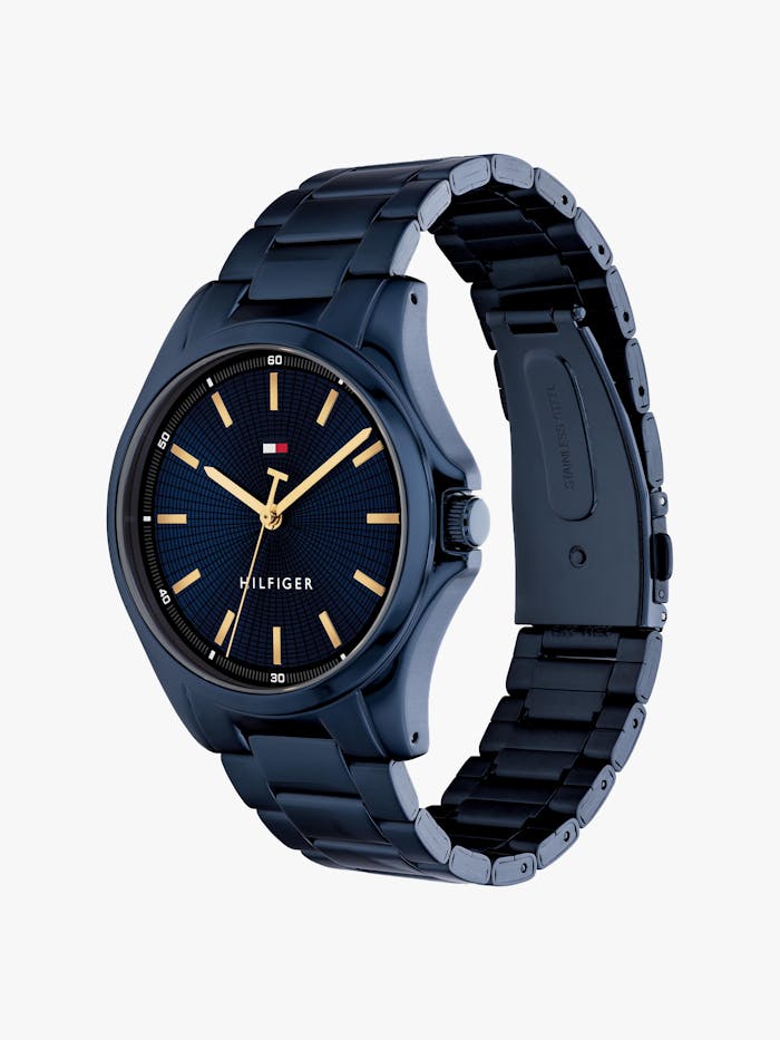 Tommy Hilfiger Herrenuhr mit blauem Zifferblatt, blauem Stahlarmband und Gehäuse