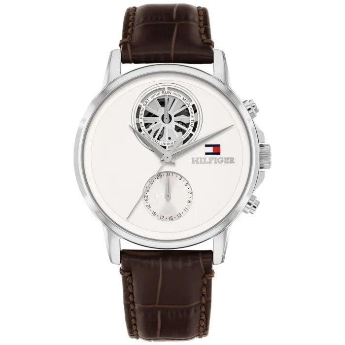 Tommy Hilfiger-Armbanduhr mit weißem Zifferblatt und braunem Lederarmband, silbernem Gehäuse
