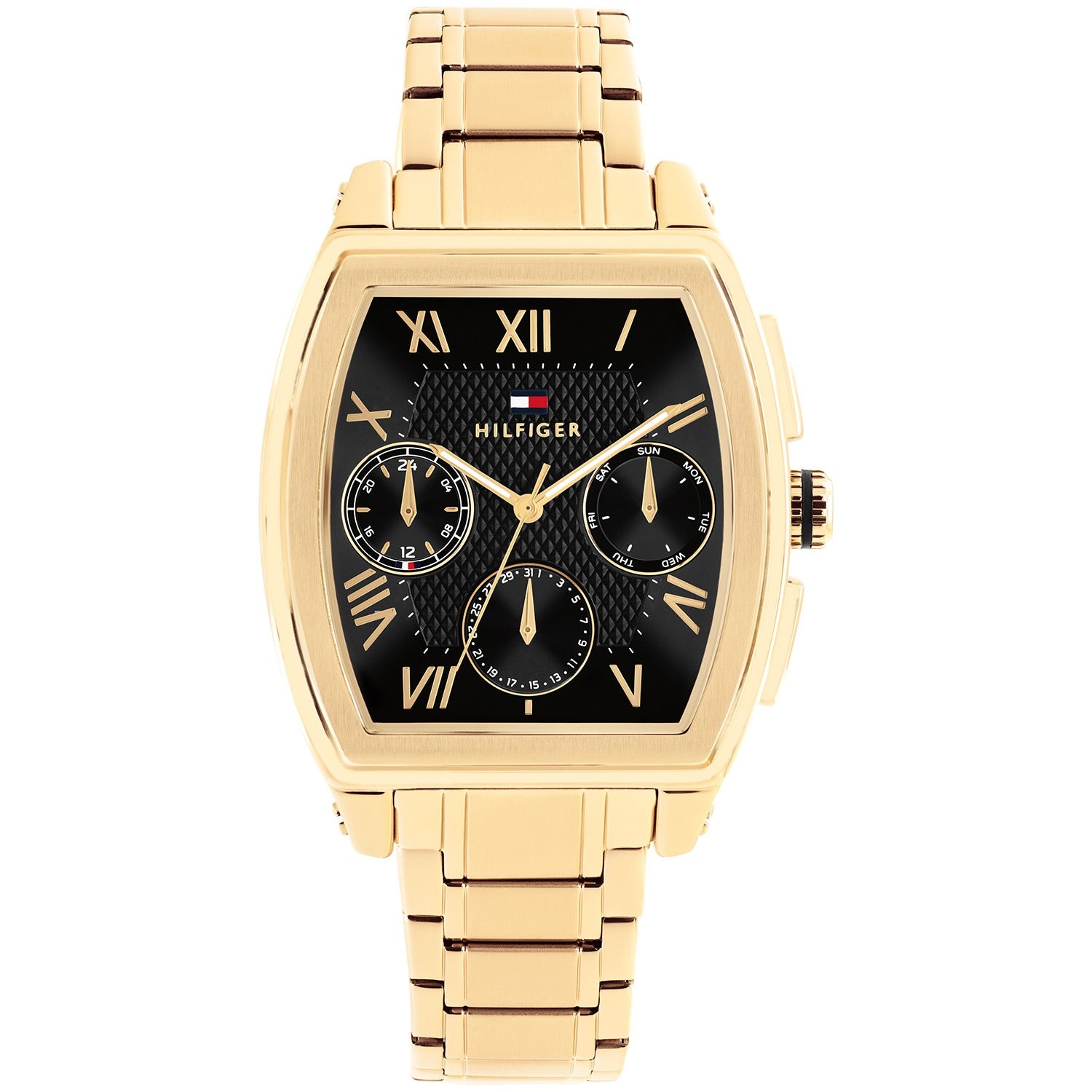 Tommy Hilfiger Herrenarmbanduhr mit goldfarbenem Metallband und schwarzem Zifferblatt