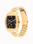 Herrenarmbanduhr mit goldfarbenem Metallarmband und schwarzem Zifferblatt mit drei Zählern