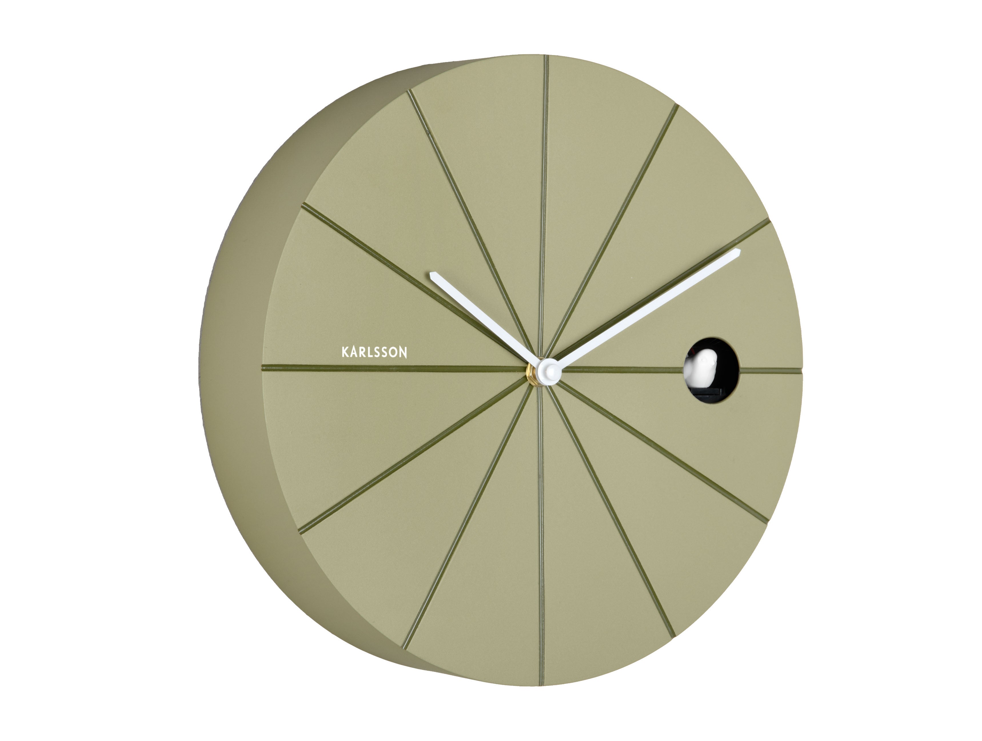 Horloge murale Karlsson avec cadran vert olive, design à rayons et pendule noire