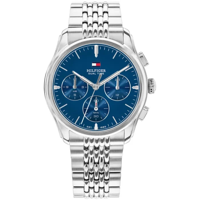 Tommy Hilfiger Herrenarmbanduhr mit silbernem Edelstahlband und blauem Zifferblatt, analog