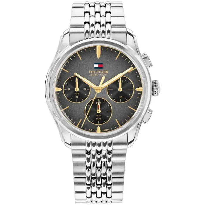 Tommy Hilfiger Herrenarmbanduhr: Stahlband, rundes schwarzes Zifferblatt, goldene Zeiger