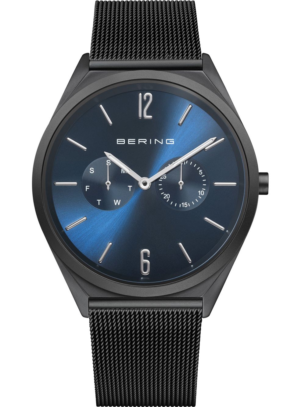 Herren-Uhr mit schwarzem Milanaise-Armband und rundem Gehäuse, blaues Zifferblatt
