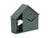 Horloge murale forme maison vert foncé, museau de chien en découpe intérieure ; chiffres et aiguilles visibles