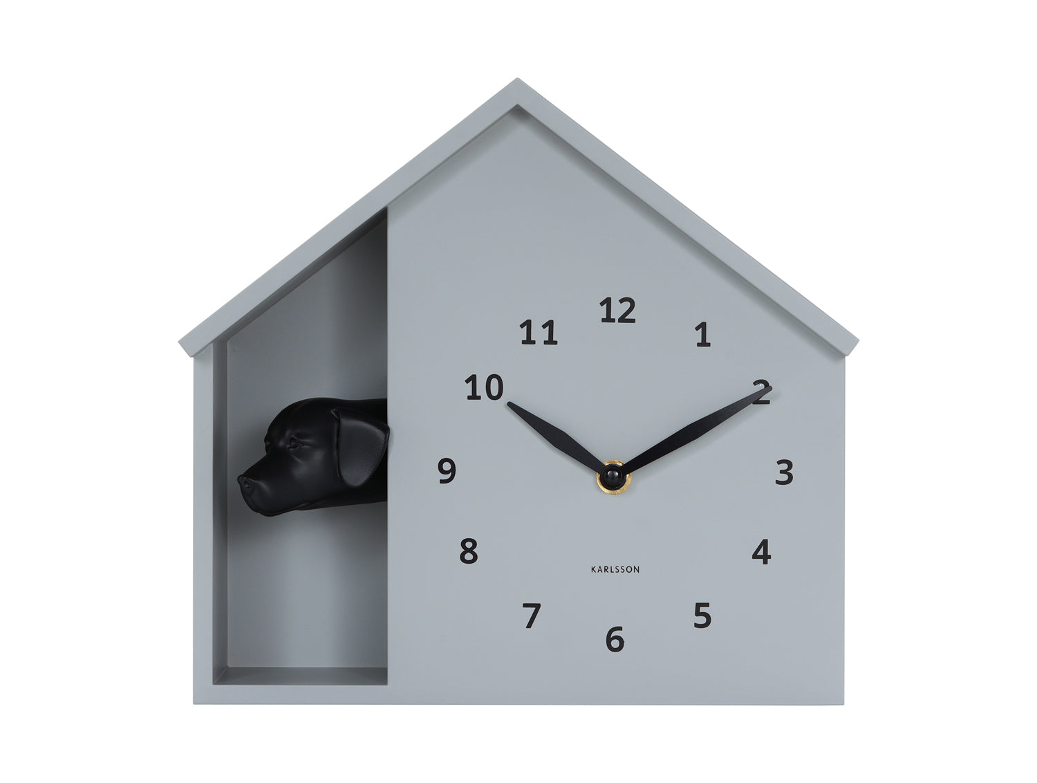 Horloge murale au design de maison, cadran gris avec aiguilles noires et tête de chien à gauche