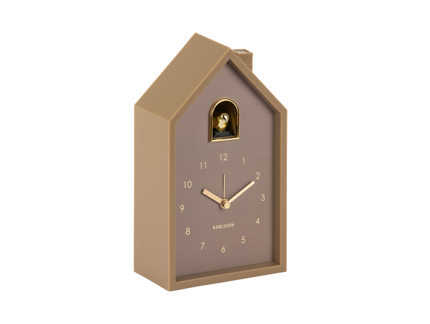 Réveil coucou moderne : boîtier marron avec ouverture dorée pour l'oiseau
