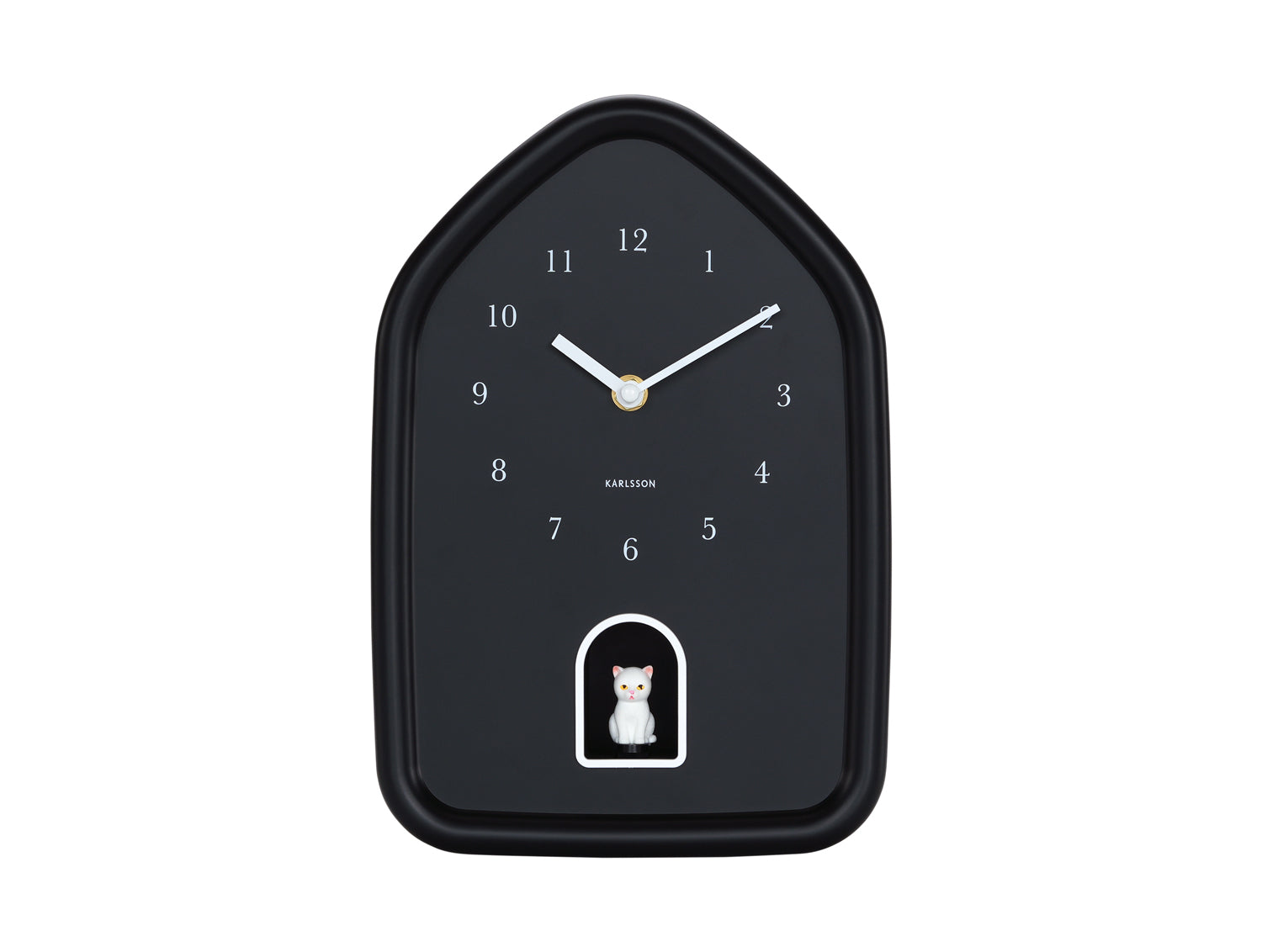 Horloge murale noire avec motif de chat et affichage de l'heure, boîtier en forme de goutte