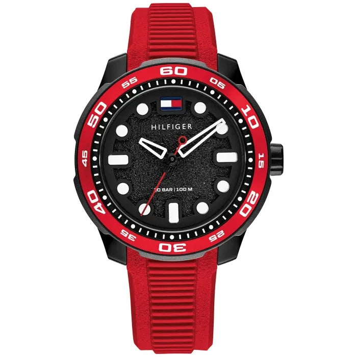 Tommy Hilfiger Herren-Armbanduhr: rotes Silikonband, schwarzes Zifferblatt, rote Lünette