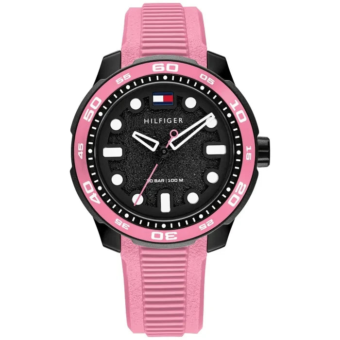 Tommy Hilfiger Herren-Armbanduhr mit dunklem Zifferblatt, pinkem Gummiarmband und Lünette