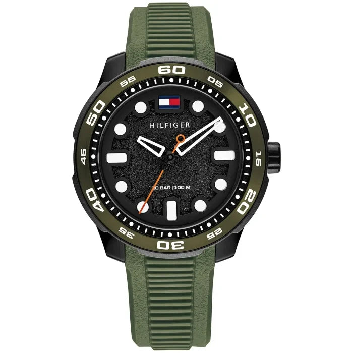 Tommy Hilfiger Armbanduhr: grünem Silikonband, schwarzes Zifferblatt, orange Akzente