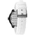 Herrenarmbanduhr mit weißem Silikonarmband und silbernem Gehäuse, seitliche Ansicht