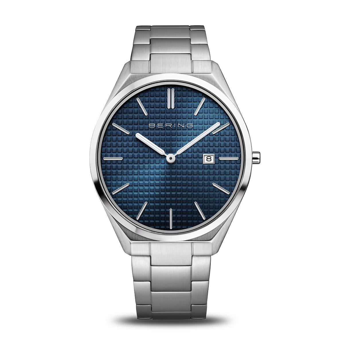 Herrenarmbanduhr mit silbernem Metallarmband und blauem Zifferblatt, schlanke Lünette