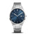 Herrenarmbanduhr mit silbernem Metallarmband und blauem Zifferblatt, schlanke Lünette