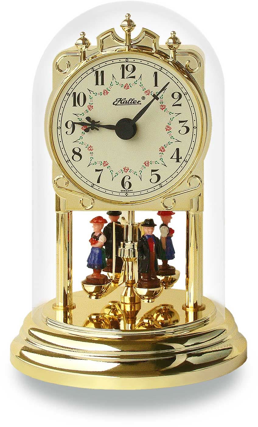Messing Tischuhr mit Glasglocke, Ziffernblatt und Drehpendel; darunter Figuren