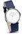 Montre pour femme avec boîtier rond argenté, cadran blanc et bracelet en cuir bleu (intérieur beige)