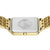 Bering Damenuhr Unterseite: rechteckiges goldfarbenes Gehäuse, weißes Zifferblatt, Metallarmband