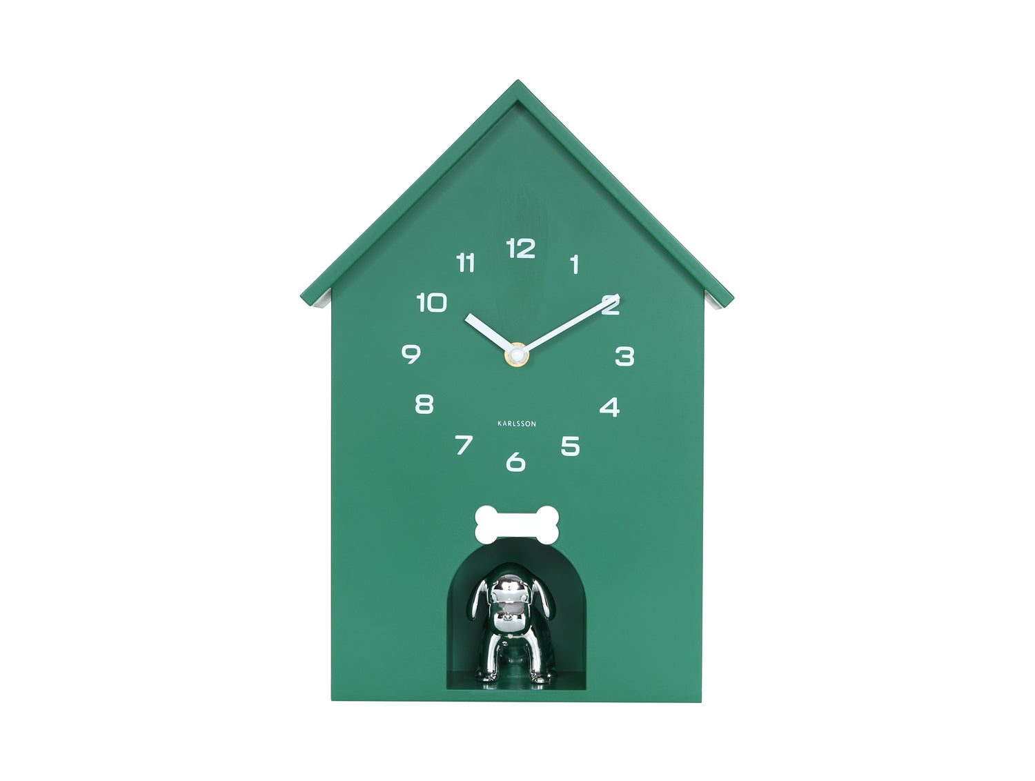 Horloge murale verte en forme de niche avec chiffres et figurine de chien