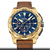 Herren-Chronograph frontal: blaues Zifferblatt mit Chronographentellern, goldfarbenes Gehäuse, Lederband.