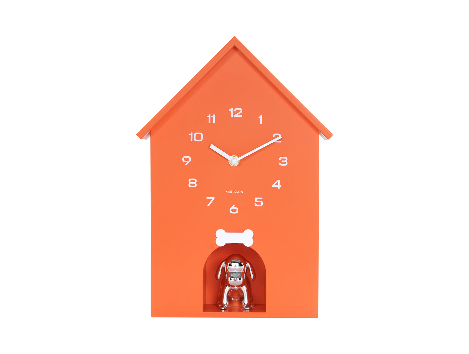 Horloge murale orange en forme de niche pour chien avec cadran et aiguilles